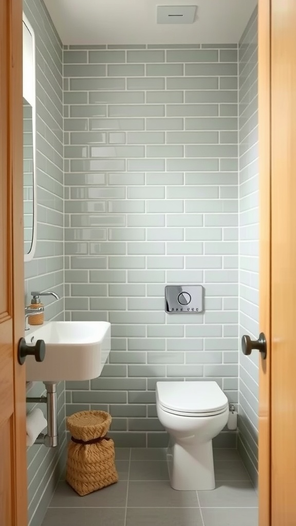 A small bathroom featuring soft green subway tiles on the wall and natural wood elements.