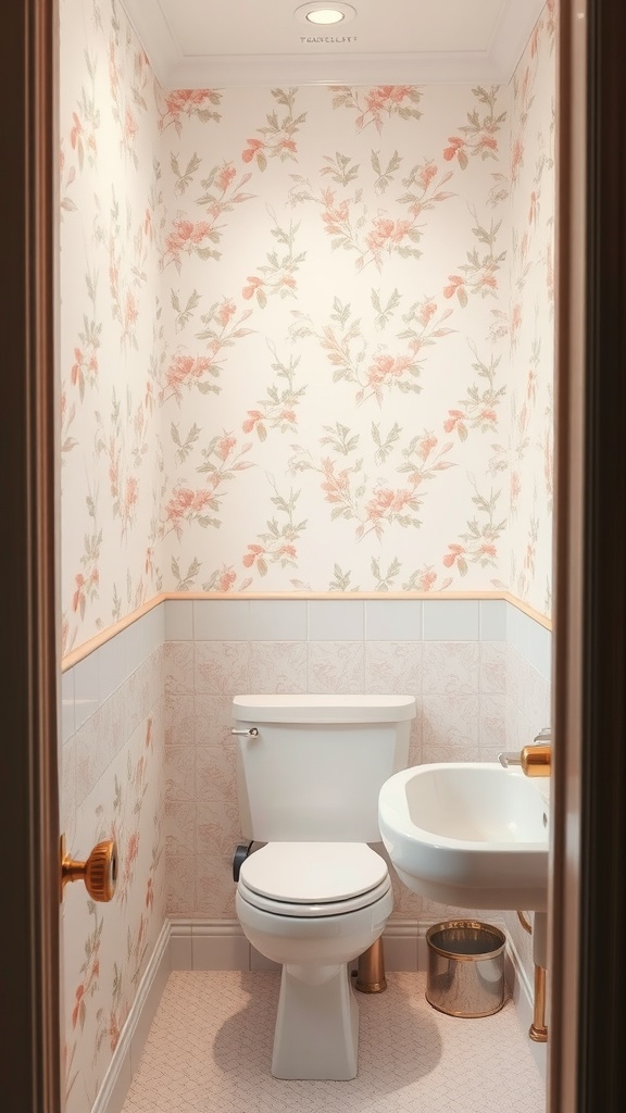 Small bathroom with soft pastel floral wallpaper, white toilet, and sink.