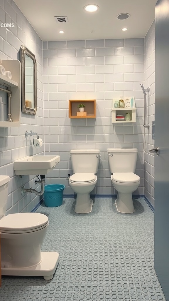 A cozy bathroom featuring soft rubber flooring in a light blue circular design, complementing the bright tiles and fixtures.