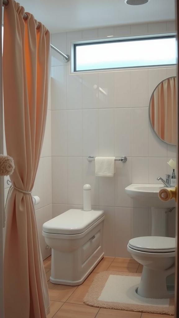 Modern farmhouse bathroom with soft textiles including a shower curtain and bath mat.