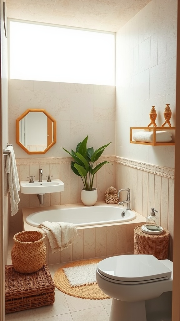 A stylish bathroom featuring a bathtub, sink, and natural decor, designed to evoke a beachy atmosphere.