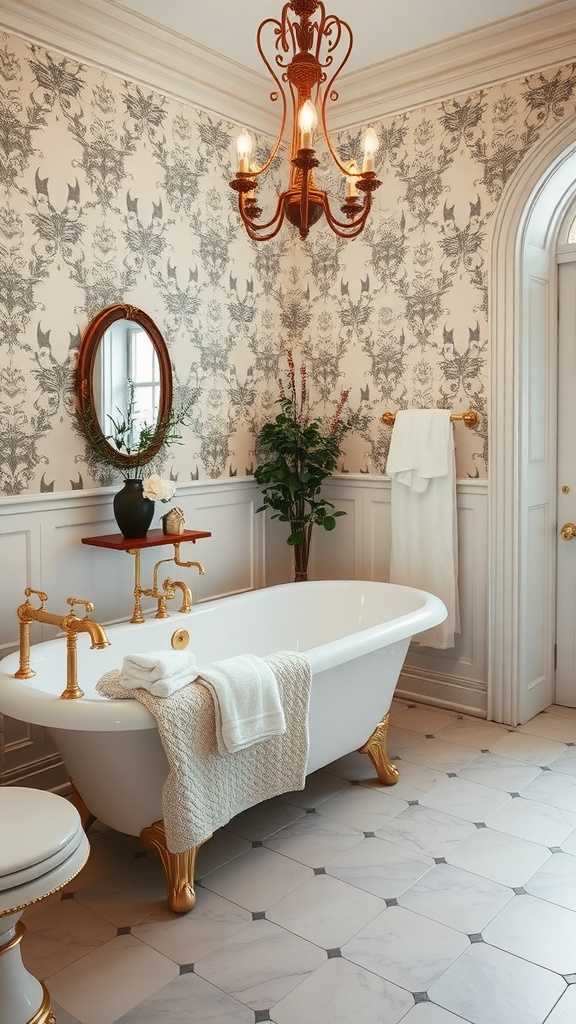 A Victorian bathroom featuring a freestanding bathtub with golden feet, elegant chandelier, and intricate wallpaper.