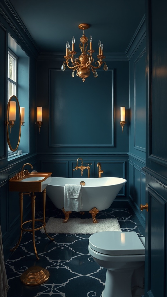 A luxurious bathroom featuring deep blue walls, gold accents, a clawfoot tub, and elegant lighting.