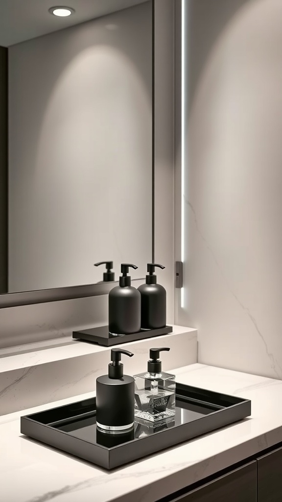 A modern bathroom countertop featuring dark accessories including black bottles and a clear container on a stylish tray.