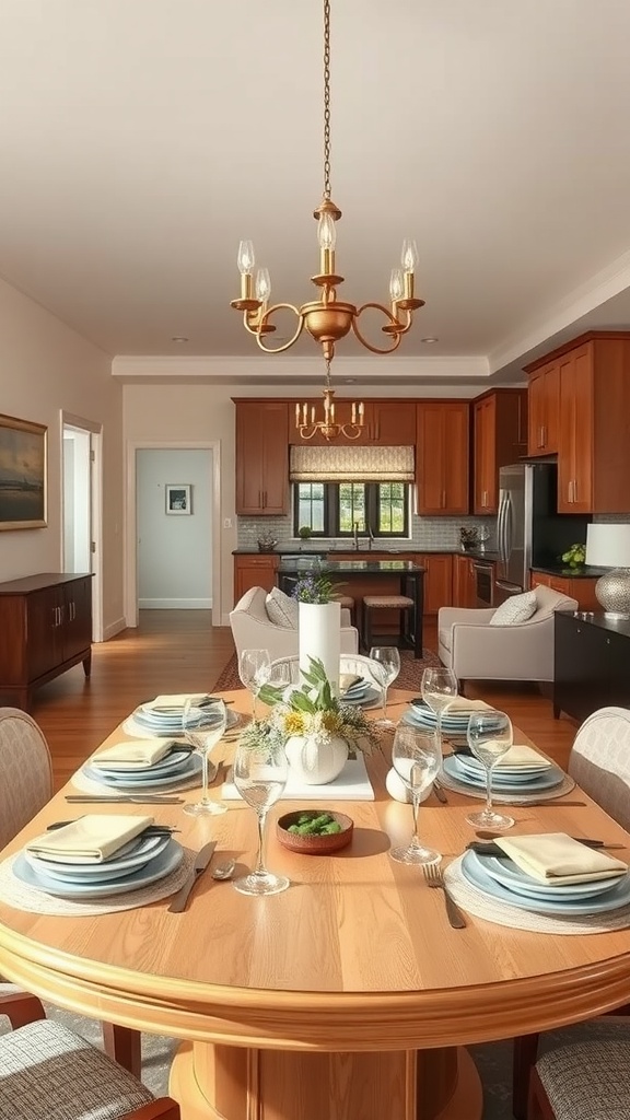 A sophisticated dining setup with a round wooden table, elegant glassware, and a fresh flower centerpiece in a cozy kitchen and dining space.