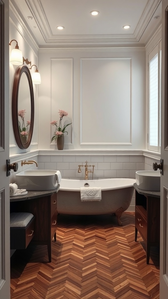 A sophisticated bathroom featuring herringbone wood flooring, a classic bathtub, and elegant lighting.