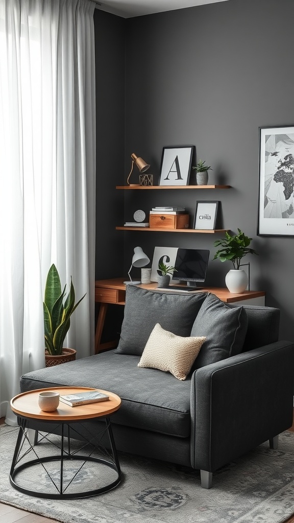 Cozy home office corner featuring a dark gray couch, wooden desk, and decorative elements