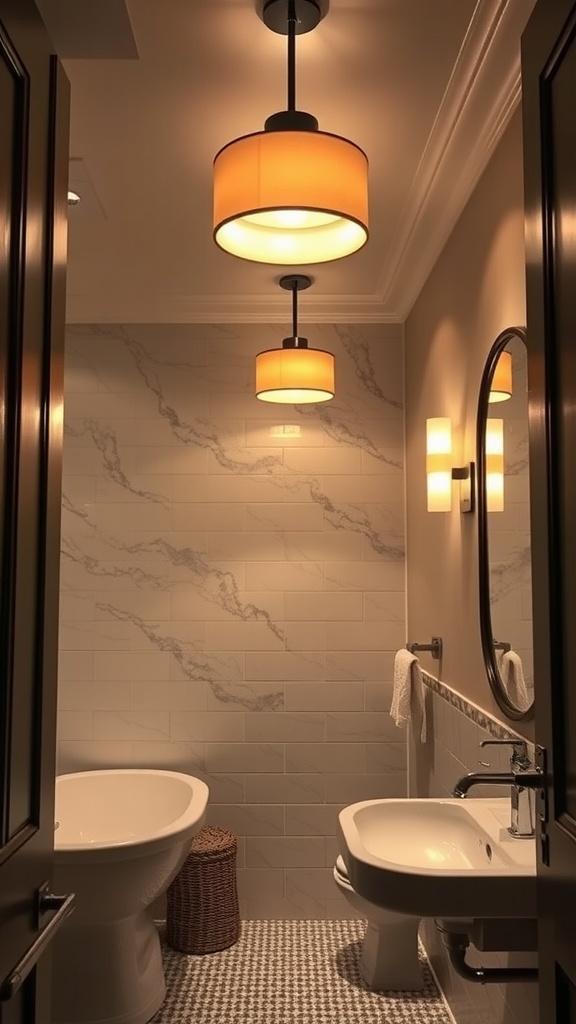 A modern bathroom with stylish pendant lights and elegant fixtures.