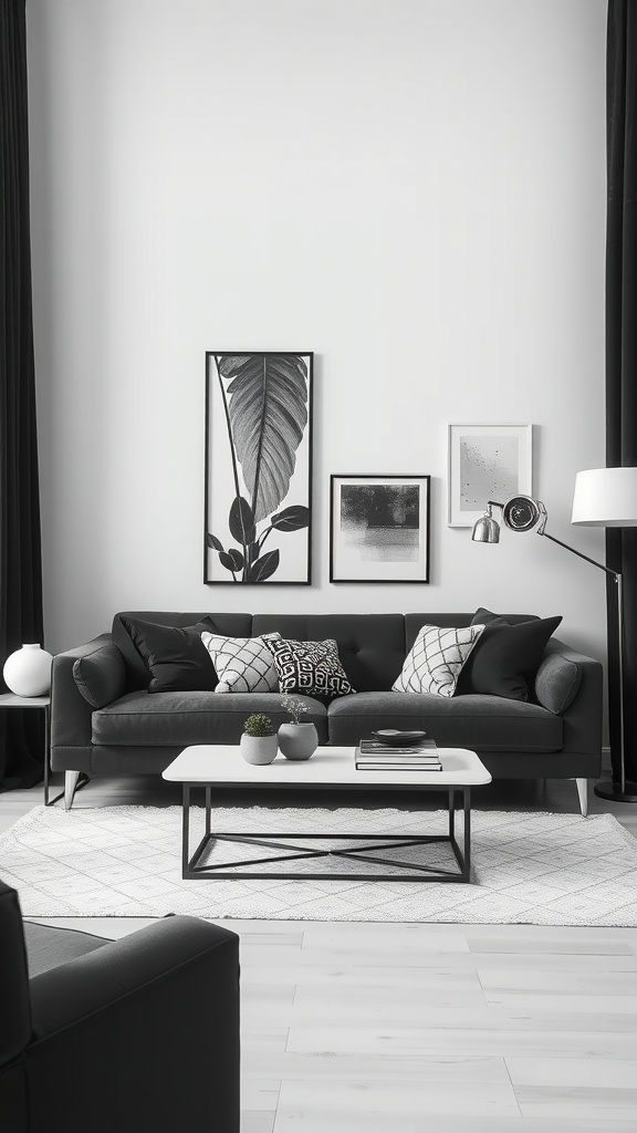 Living room featuring a dark gray couch with monochrome decor, artwork, and a minimalist coffee table.