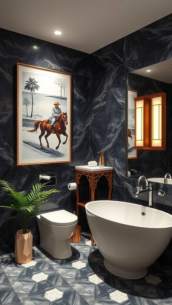 Bathroom featuring sophisticated wall art of a rider on a horse, with dark textured walls and a potted plant.