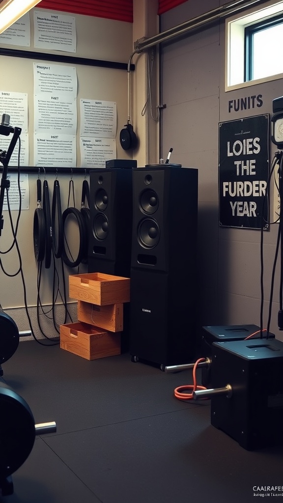 A garage gym featuring a sound system with large speakers, wooden storage, and gym equipment in an organized space.