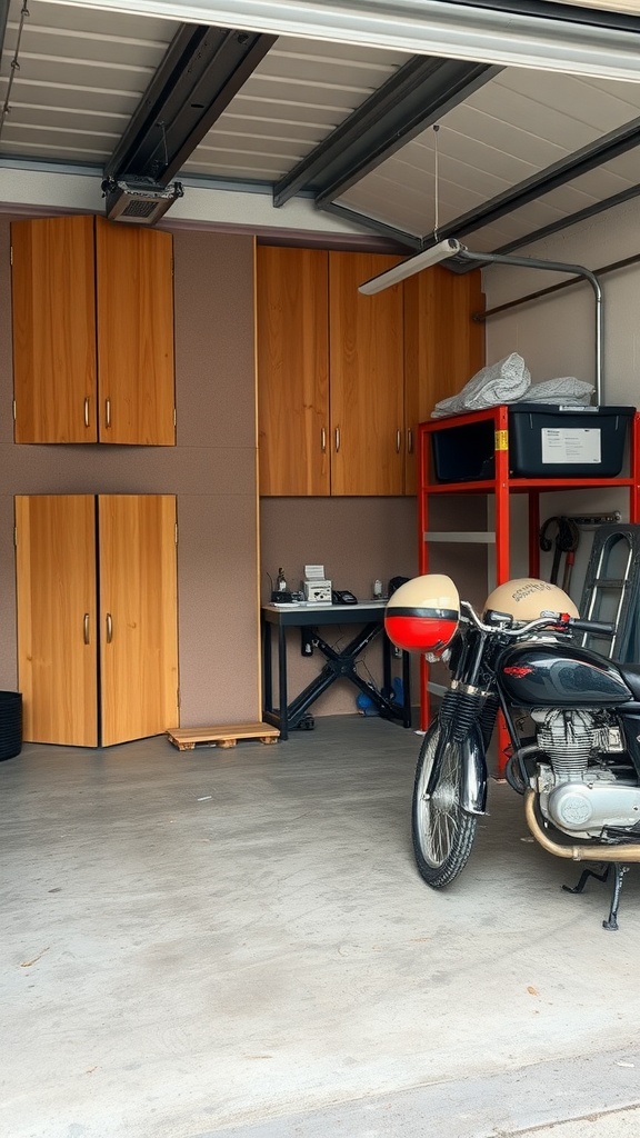 A neat garage workshop with wall cabinets, a workbench, and a motorcycle, showcasing a soundproof area for noisy tools.