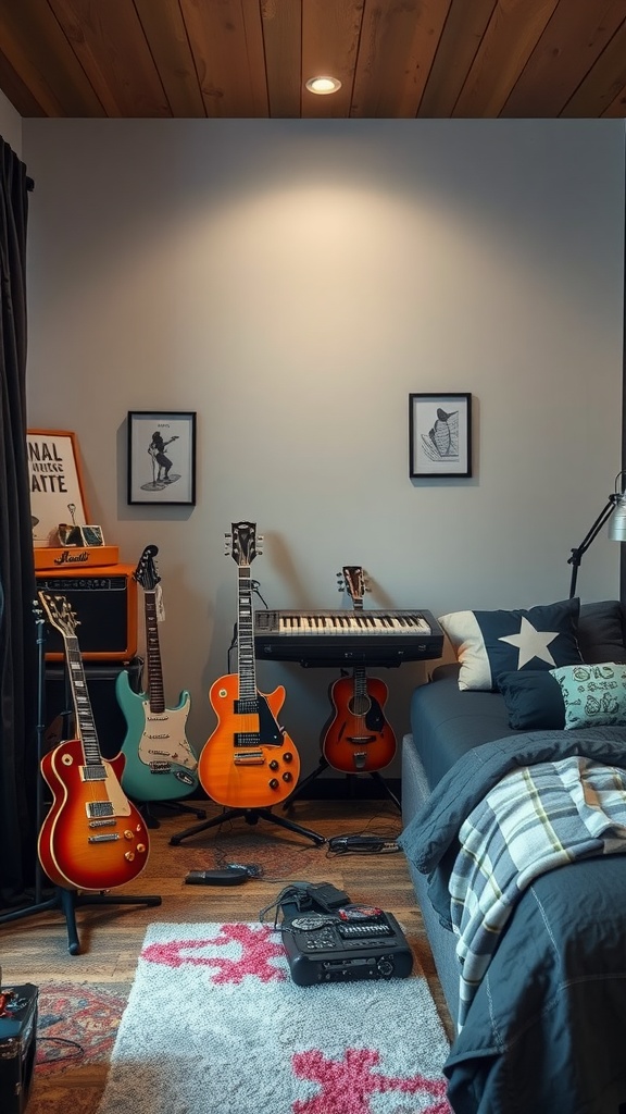 A cozy soundproofed music corner with guitars, a keyboard, and a comfortable couch in a modern teen boy bedroom.