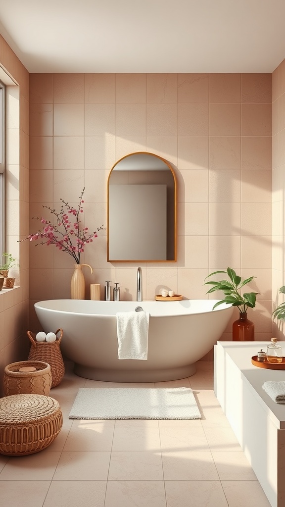 A serene mauve bathroom featuring a freestanding tub, decorative plants, textured tiles, and warm lighting.