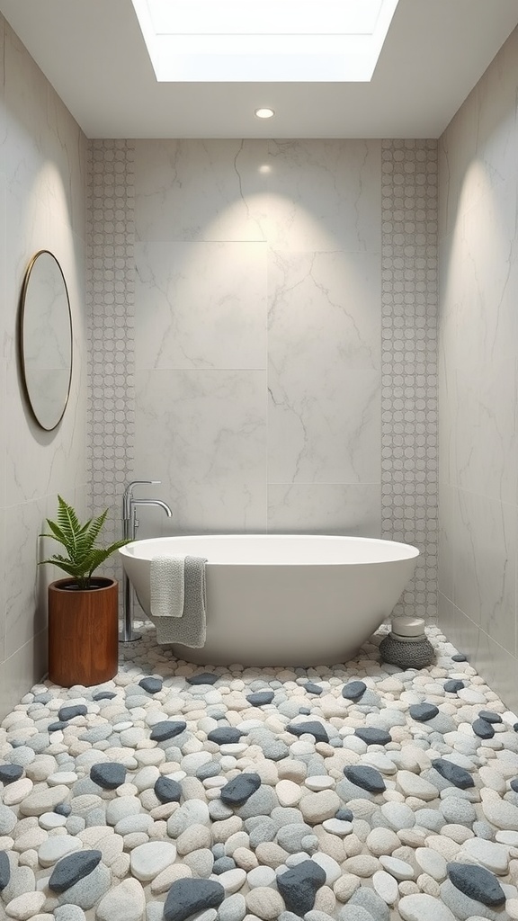 A serene bathroom with pebble tile flooring, a white bathtub, and marble walls, featuring a plant in a wooden pot.