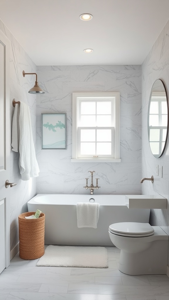 A modern grey and white bathroom featuring a sleek bathtub, minimal decor, and natural light.