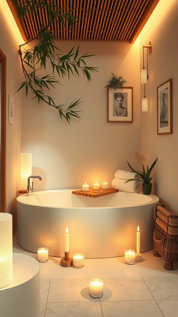 A serene bathroom with a freestanding bathtub, candles, and greenery, creating a spa-like atmosphere.