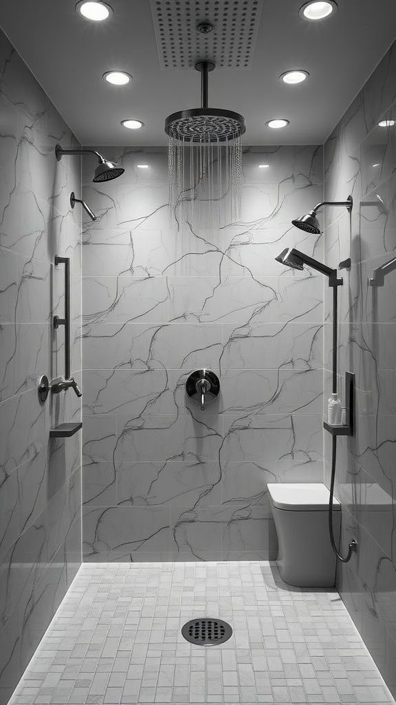 Modern shower area with multiple showerheads and elegant tiles.