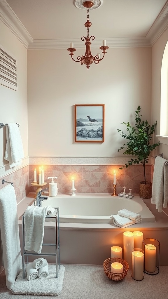 A calming upstairs bathroom featuring a bathtub, candles, and soothing decor.