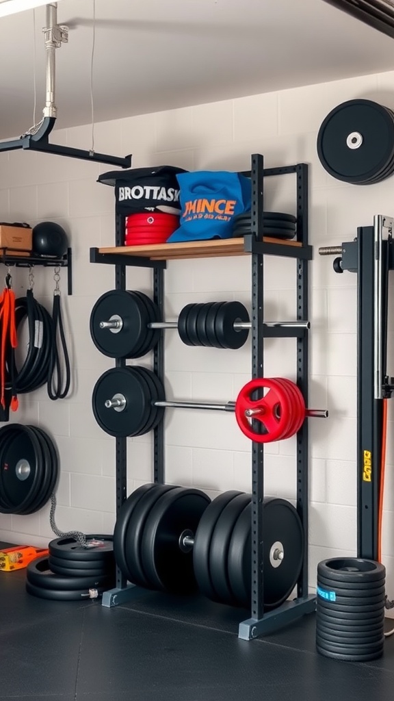 A space-efficient vertical storage rack in a garage gym with weights and workout clothing.