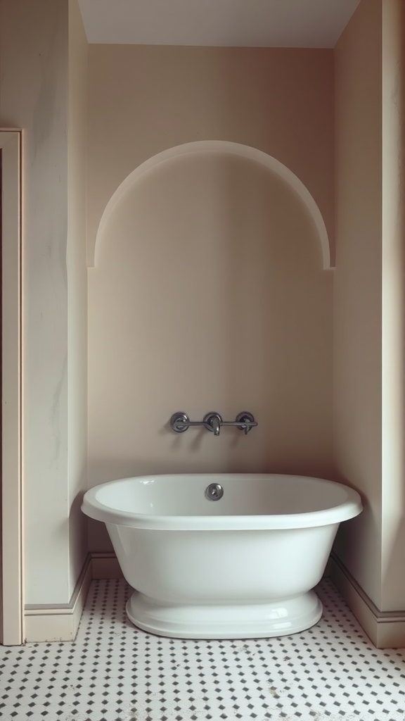 A modern white bathtub in a small bathroom with beige walls and floor tiles.