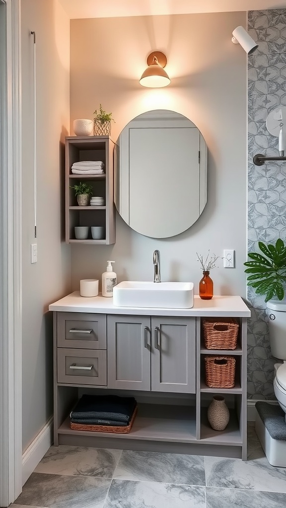 A modern corner bathroom vanity with a round mirror and plants, designed for space-saving.