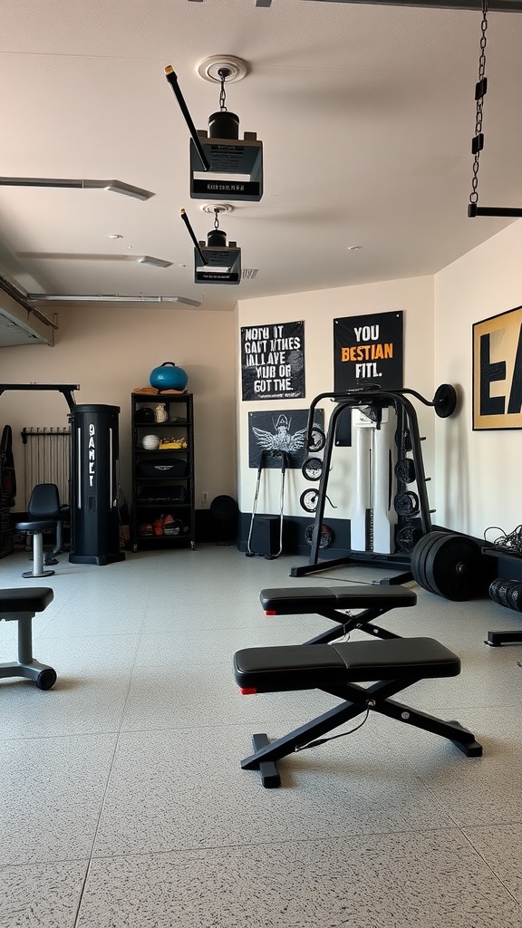 A well-organized garage gym featuring space-saving equipment solutions, including a multi-functional weight bench and neatly arranged weights.