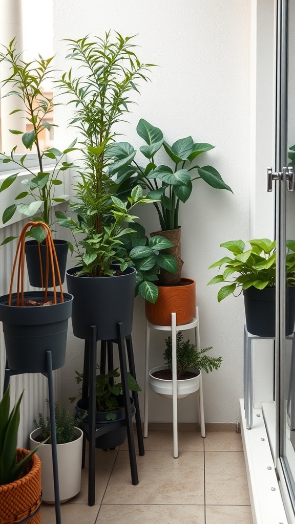 A compact balcony garden featuring various plants arranged on stylish plant stands