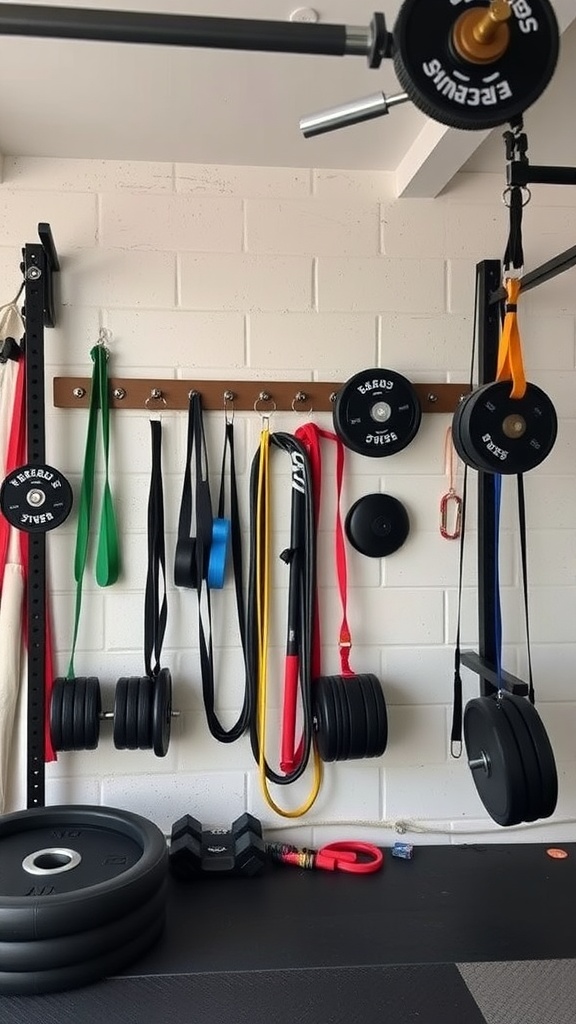 A wall-mounted gym equipment setup featuring weights and resistance bands.