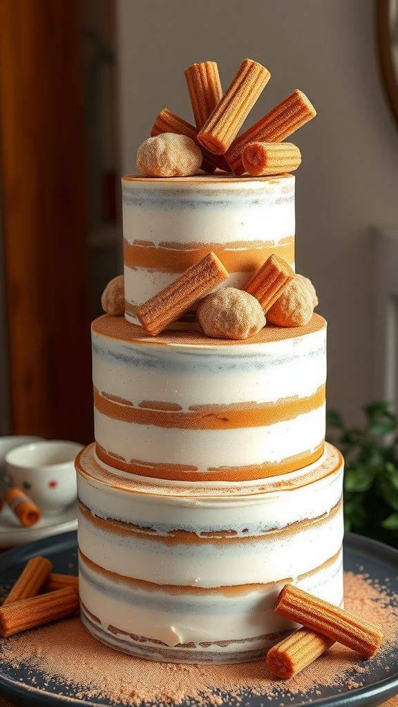 A three-tiered wedding cake decorated with churros and a mixture of orange and white frosting.