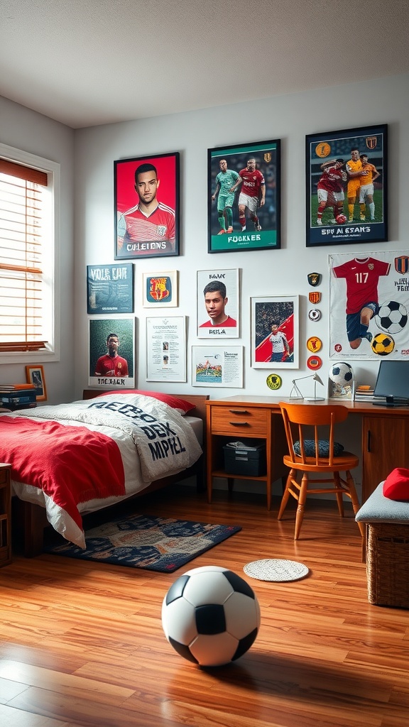 A sports-themed bedroom featuring soccer decor, a cozy bed, and a soccer ball on the floor.