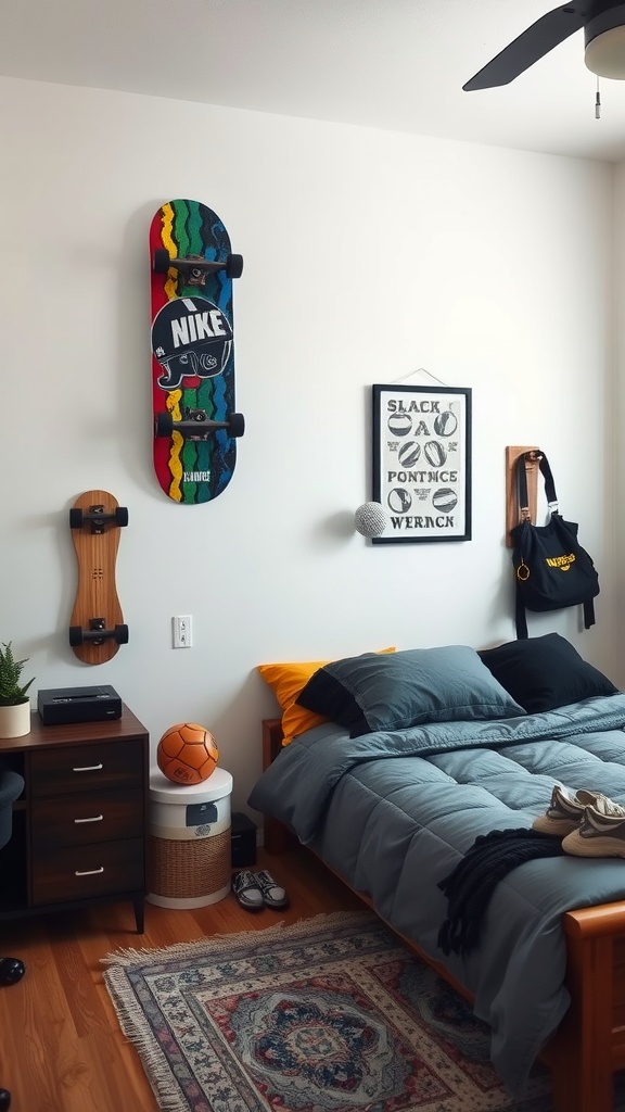 A stylish teen bedroom featuring sports equipment like a skateboard, soccer ball, and a cozy bed.