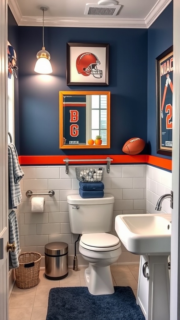 A kids bathroom decorated in a sports theme with blue and orange colors, featuring sports memorabilia and accessories.