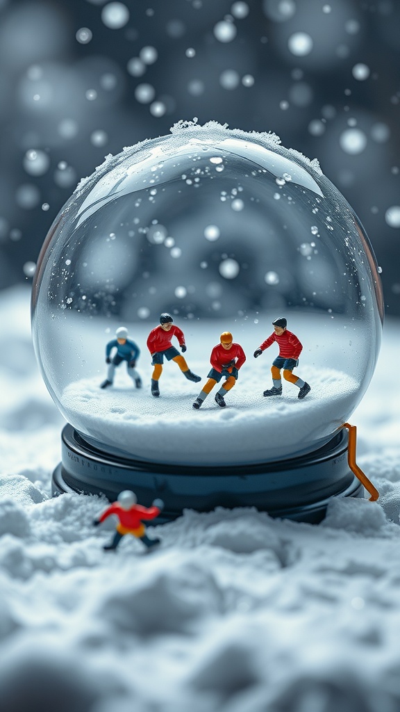 A snow globe featuring miniature hockey players in action, surrounded by swirling snow.