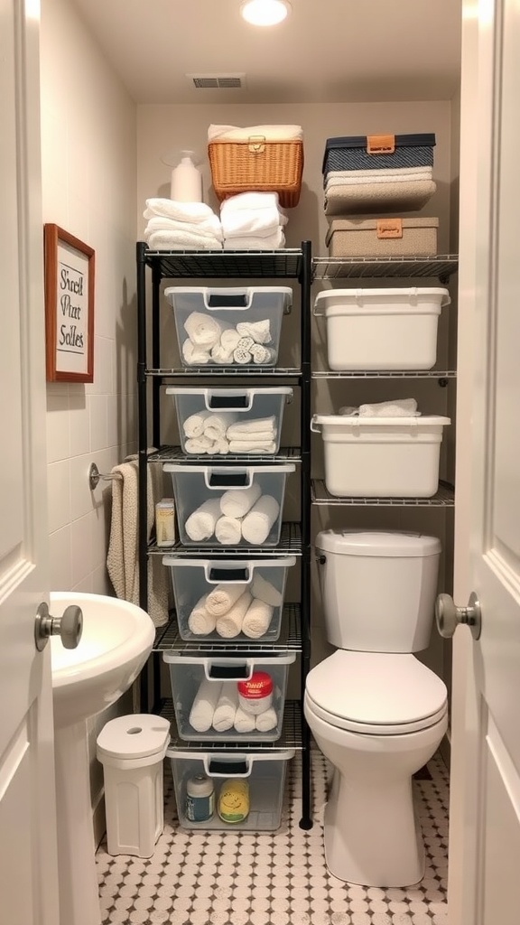 Organized small bathroom with stackable storage bins and towels.