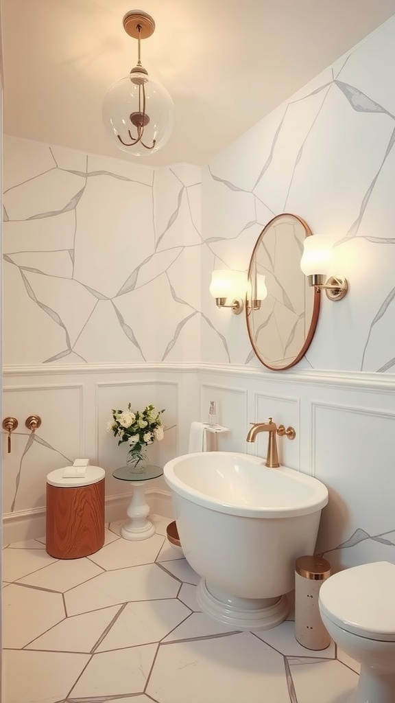 A luxurious bathroom featuring statement lighting with a glass pendant lamp and wall sconces.