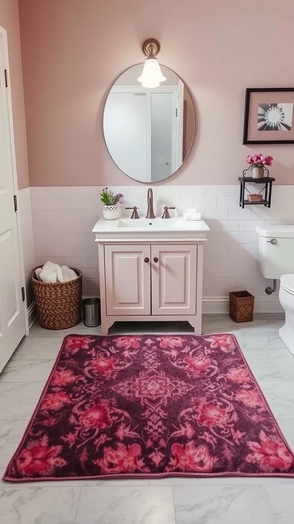 A mauve bathroom featuring a decorative rug with floral patterns, soft pink walls, and a stylish vanity.