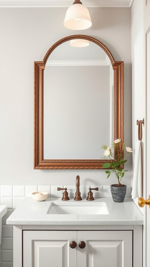 A modern farmhouse bathroom featuring a statement arched mirror with a decorative brown frame, minimalist sink, and warm-toned fixtures