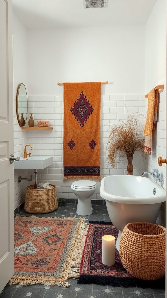 A stylish bathroom featuring vibrant rugs, earthy tones, and minimalist decor.