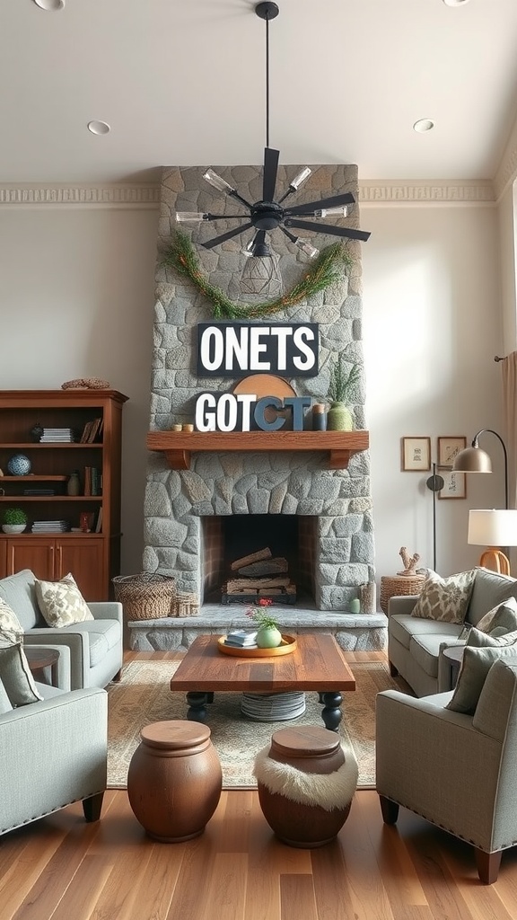 Living room featuring a stone fireplace with a modern twist.