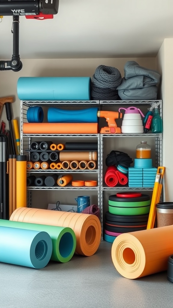 Organized garage gym storage with colorful foam rollers on shelves