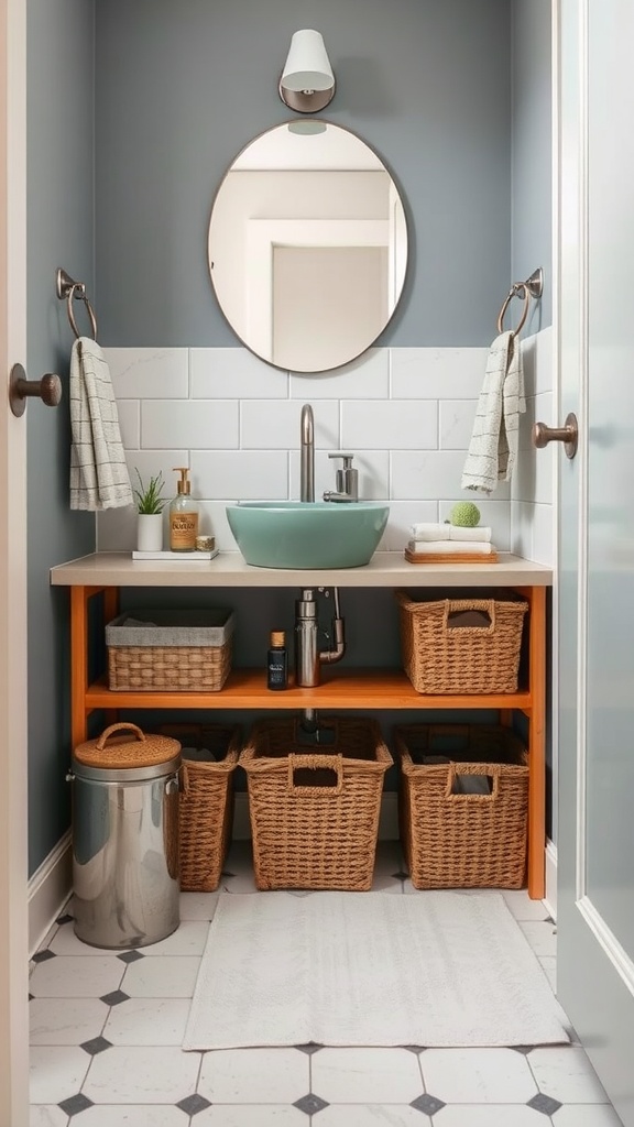 A small bathroom with open shelving under the sink, displaying wicker baskets and a metallic trash can.