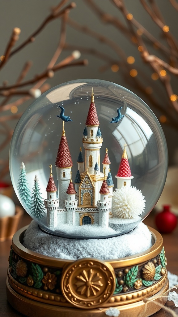 A whimsical snow globe featuring a colorful castle, evergreen trees, and blue birds, surrounded by a decorative base.