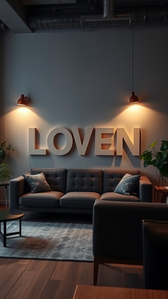 A stylish living room featuring a dark gray couch, warm lighting, and decorative elements.