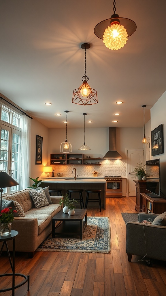 Cozy living room and kitchen space featuring various lighting options, including pendant lights and recessed lighting.