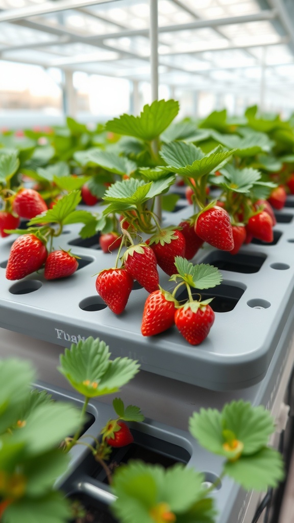 Hydroponic strawberry system with ripe strawberries and green leaves in a greenhouse.