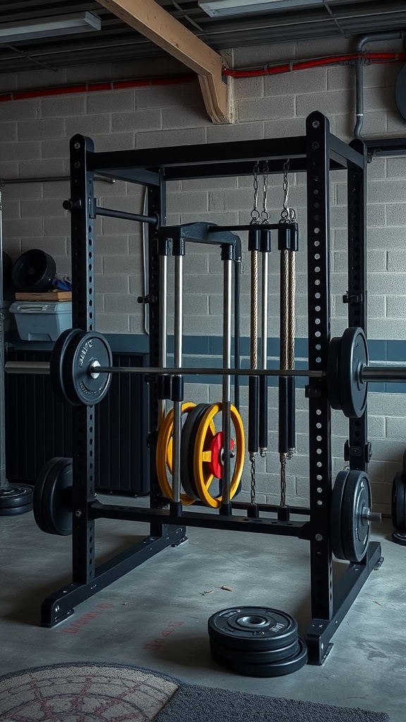 A power rack set up for strength training, featuring various weights and attachments.