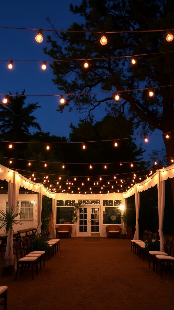 A beautifully set wedding space with string lights overhead, creating a warm and inviting atmosphere.