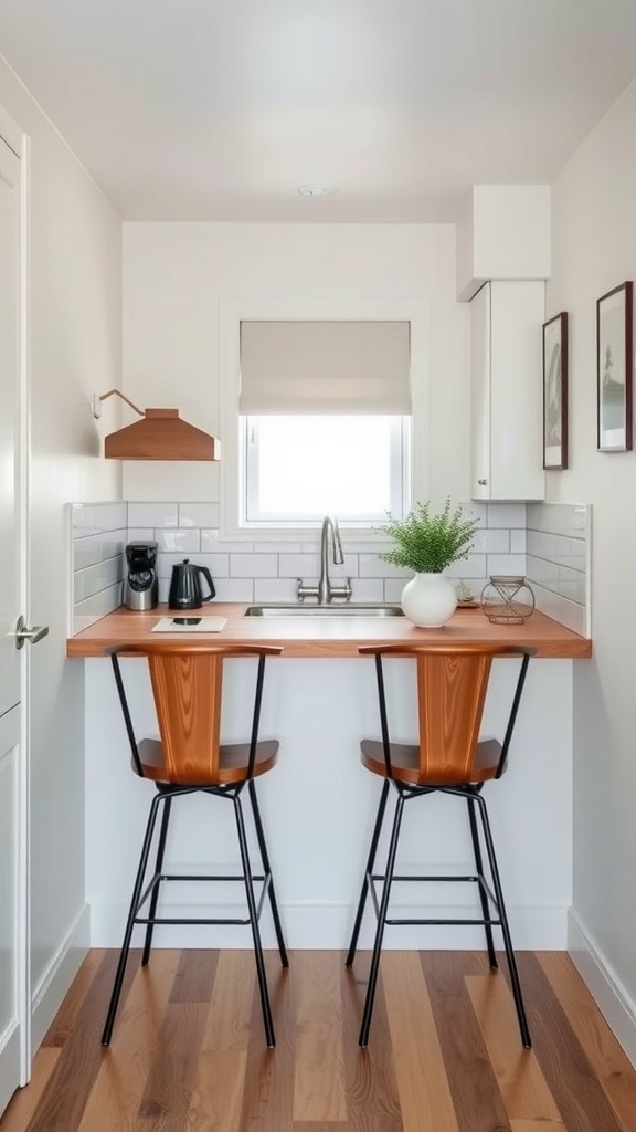 Stylish bar stools in a small kitchen with a wooden counter and modern decor.