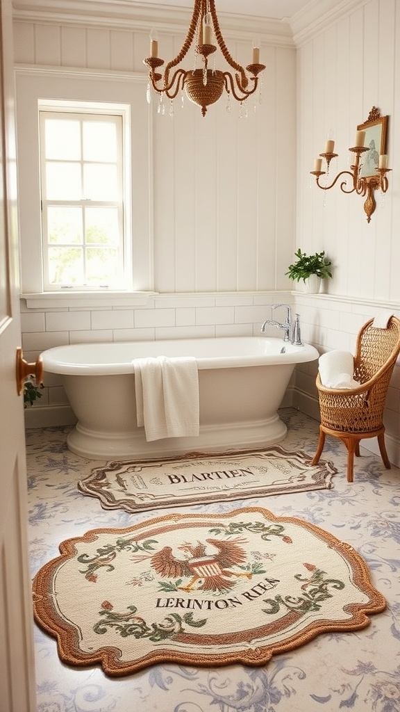 A stylish Victorian bathroom with elegantly designed bath mats, a clawfoot tub, and a chandelier.